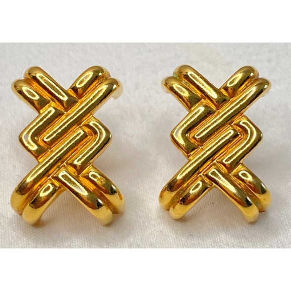 Avon Earrings Gold Tone Double-X Pattern Posts - Picture 1 of 5